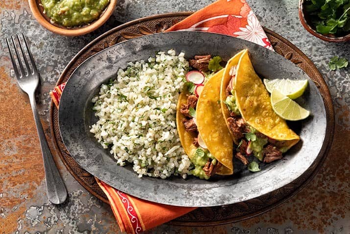 Birria Taco Plate featuring Cilantro-Lime Cauilfower Rice